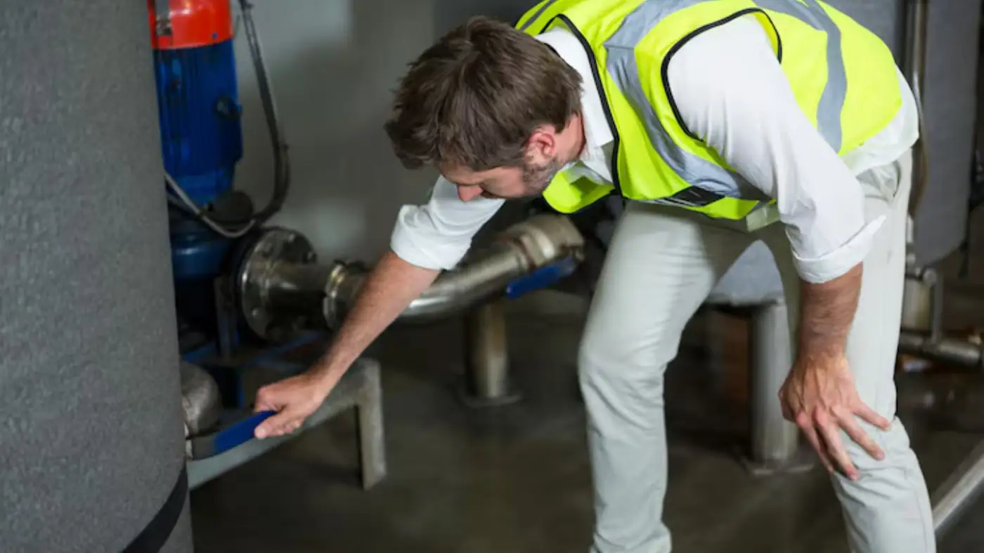 Technician in a safety vest checking equipment during a water loss