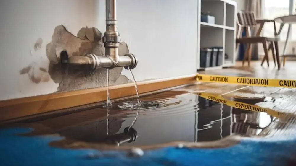 Leaking pipe dripping onto a floor marked with caution tape