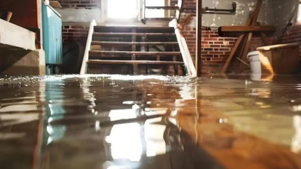 Flooded lower level with water covering the floor and stairs