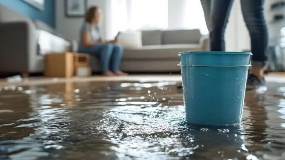Bucket on a wet floor beside a sofa while water spreads through a room