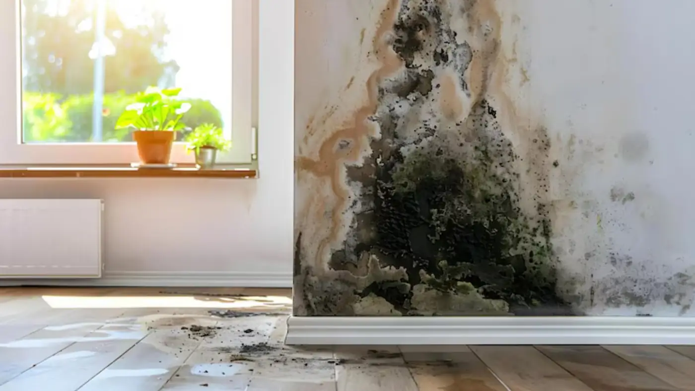 Dark mold patch on a wall beneath a window