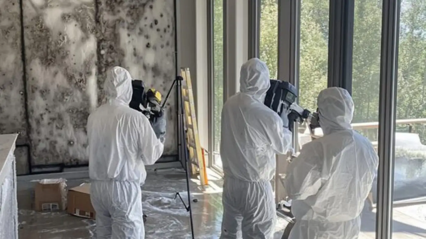 Team in protective suits documenting mold growth on a wall