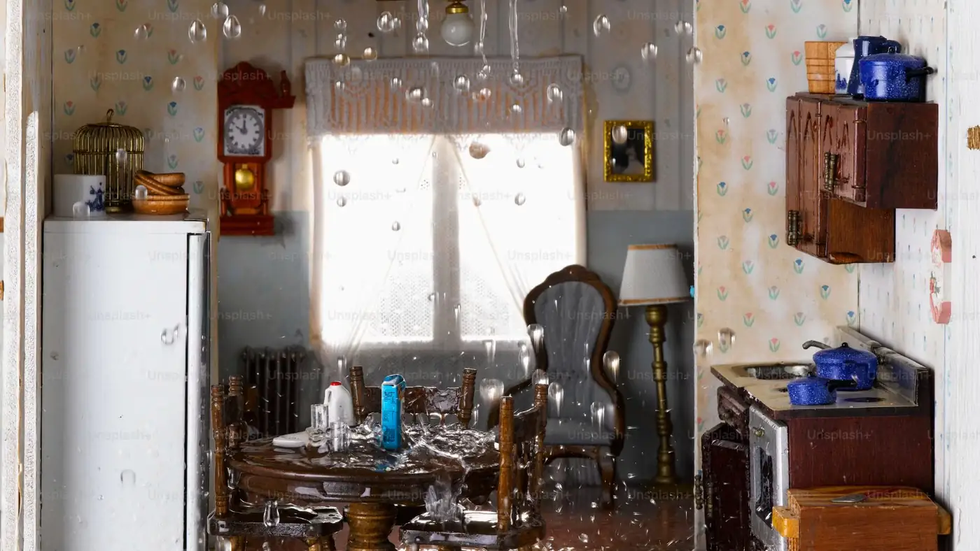 Older kitchen with water droplets and damage on the walls and cabinets