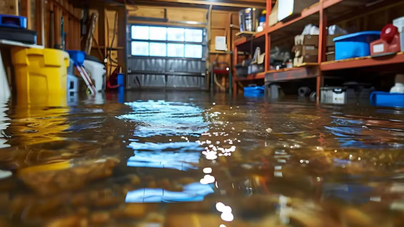 Flooded garage with shelves and storage bins standing in water
