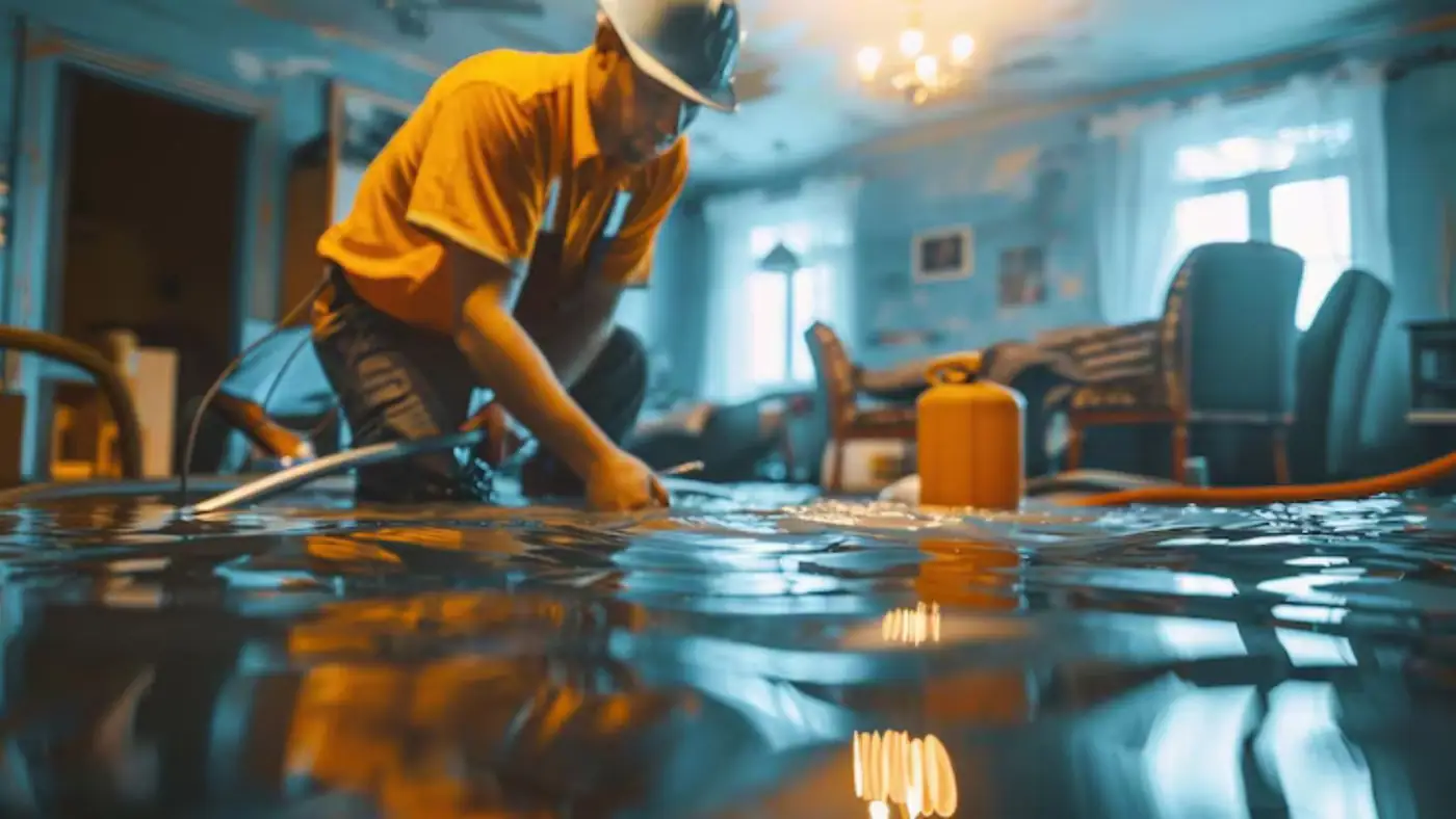 Worker kneeling in a flooded room with cleanup equipment