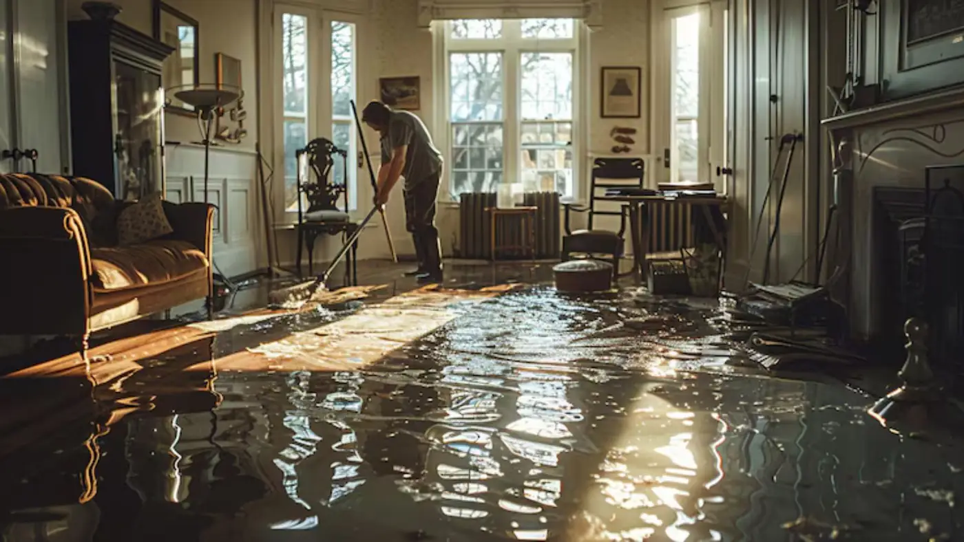 Worker mopping a flooded older living room with warm light through the windows