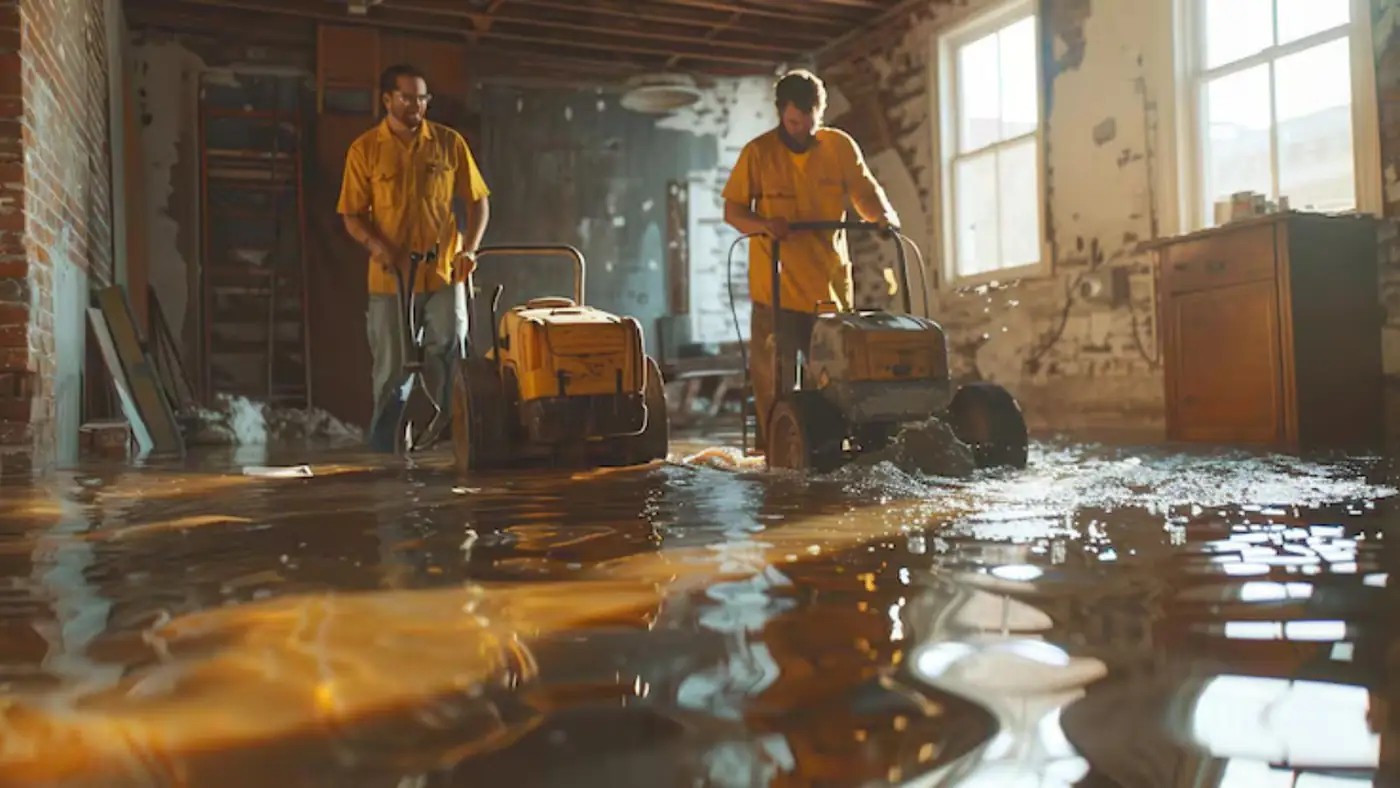 Two workers with equipment drying a wet room in an older home