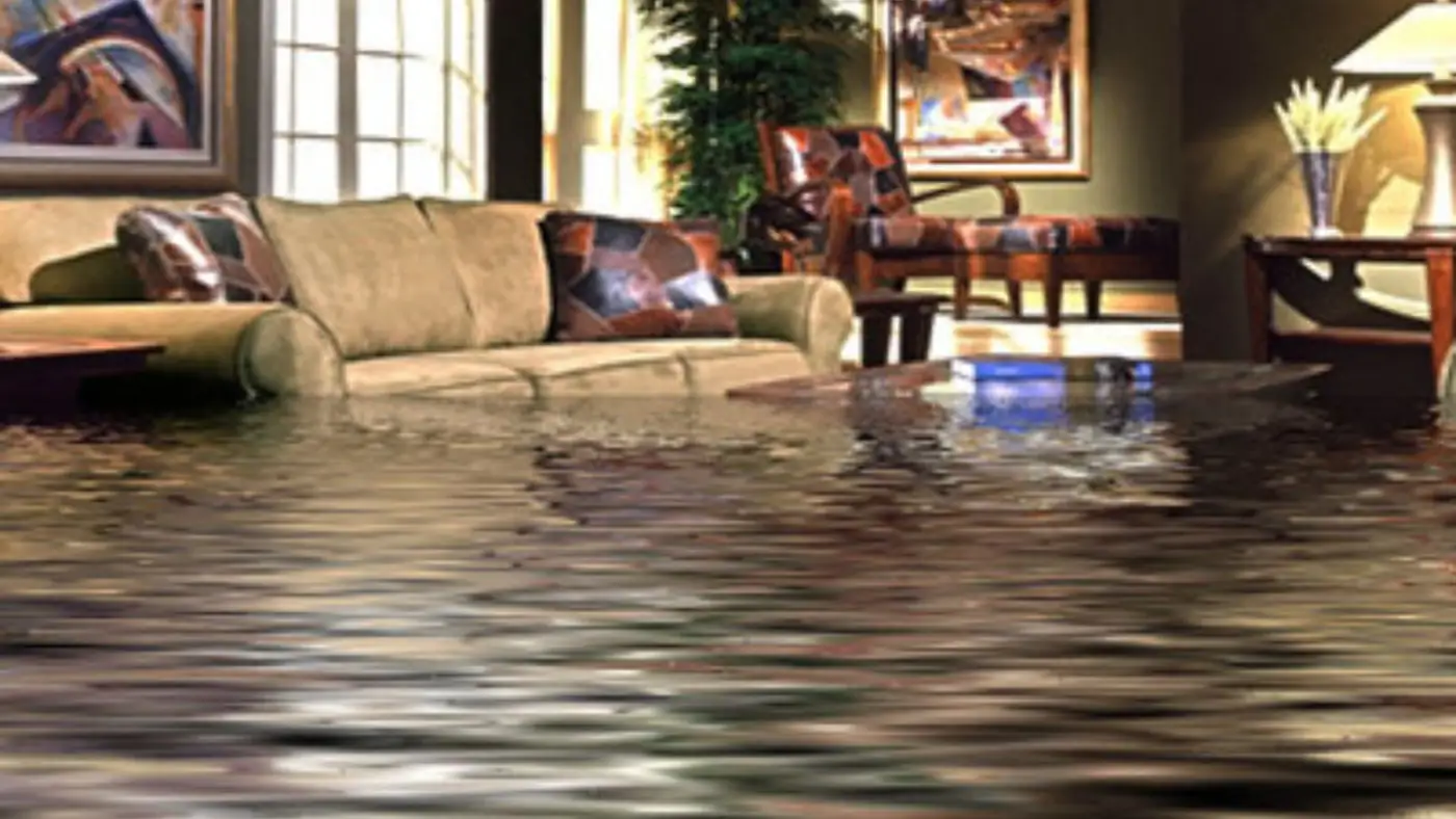 Living room with water covering the floor and furniture