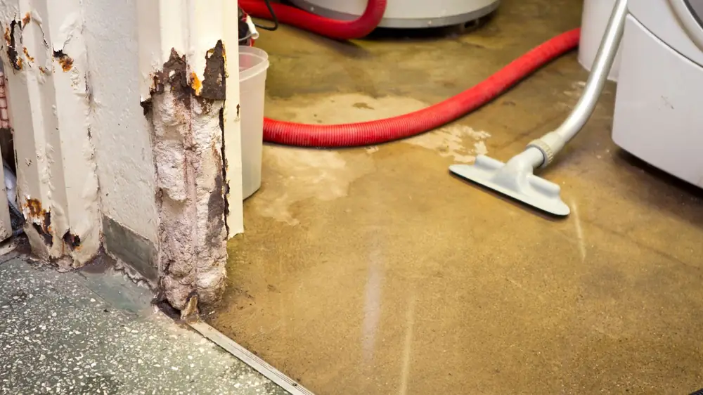 Wet vacuum pulling water from a floor beside a damaged baseboard
