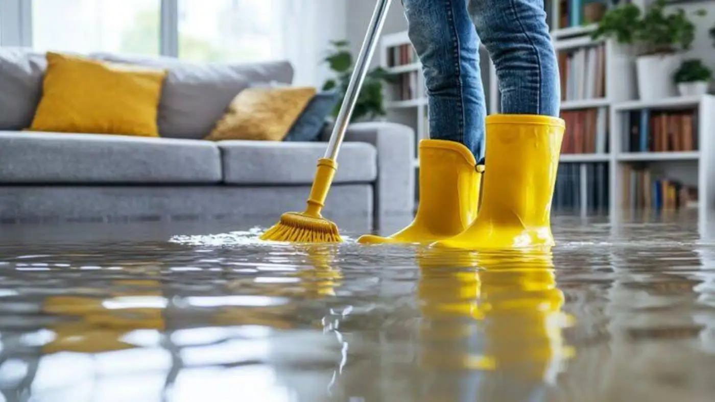 Person in yellow boots sweeping water across a living room floor