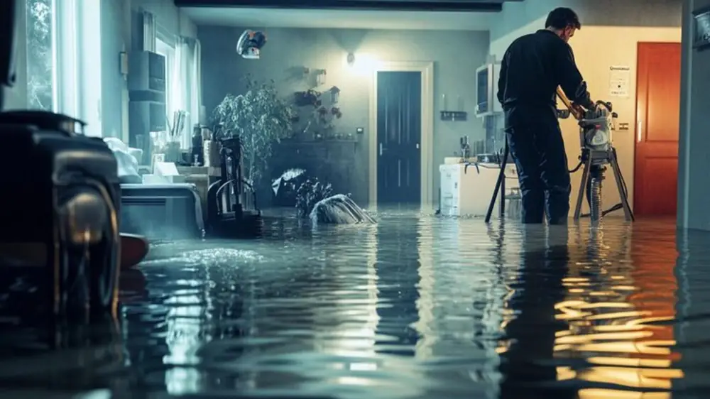 Technician photographing a flooded room with a tripod camera