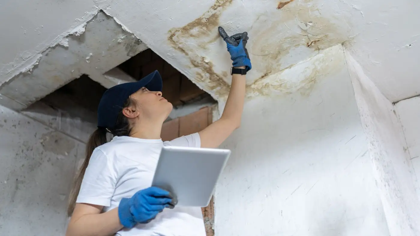 Inspector with a tablet checking a water-stained ceiling