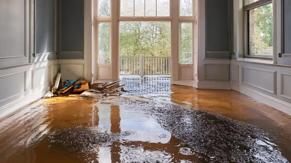 Room with a damaged hardwood floor and debris after water damage