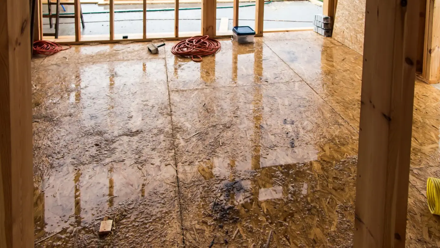 Wet subfloor and joists after flooring was removed